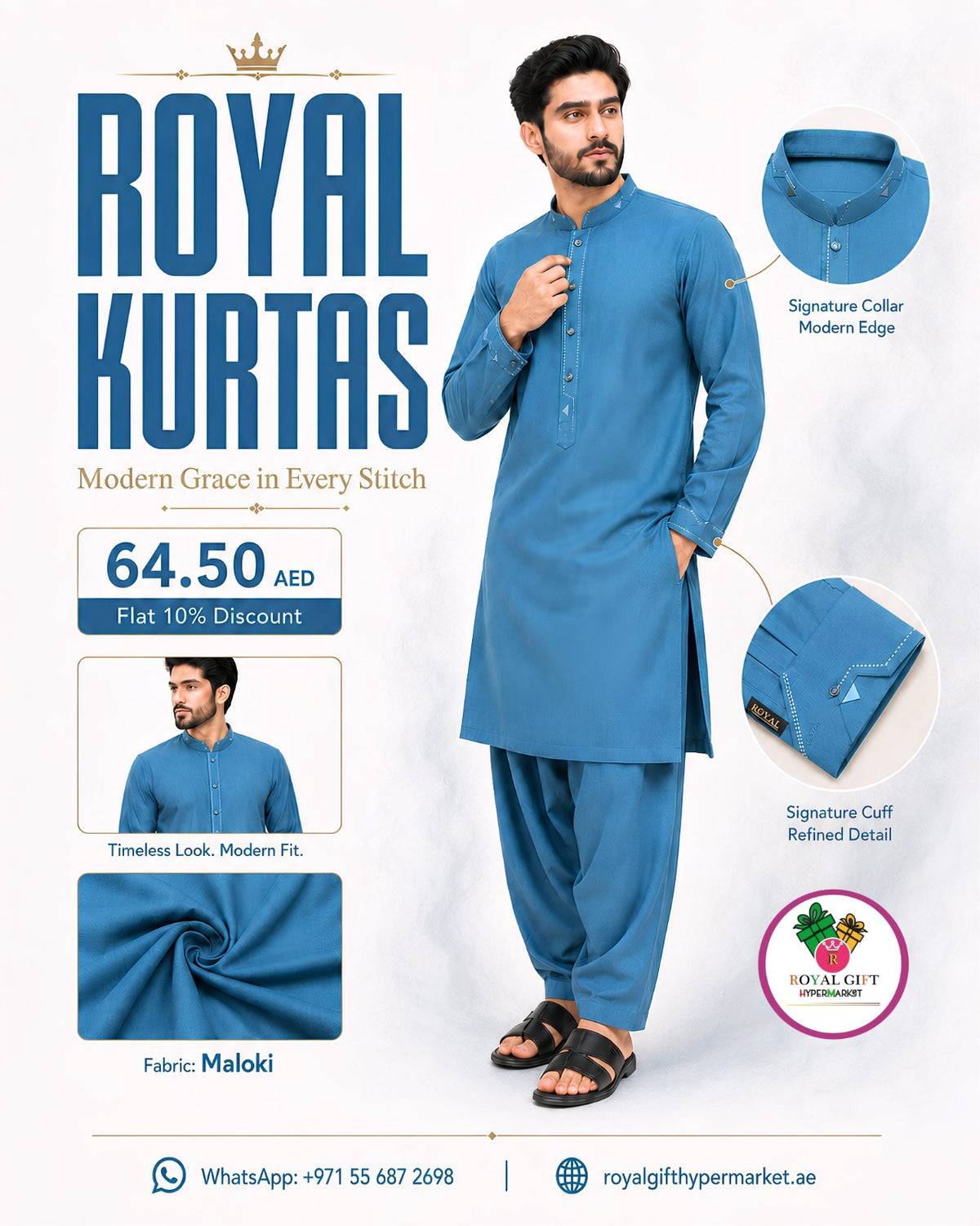 Royal Kurtas Men's Signature Maloki Stitch-Detail Shalwar Kameez Suit
