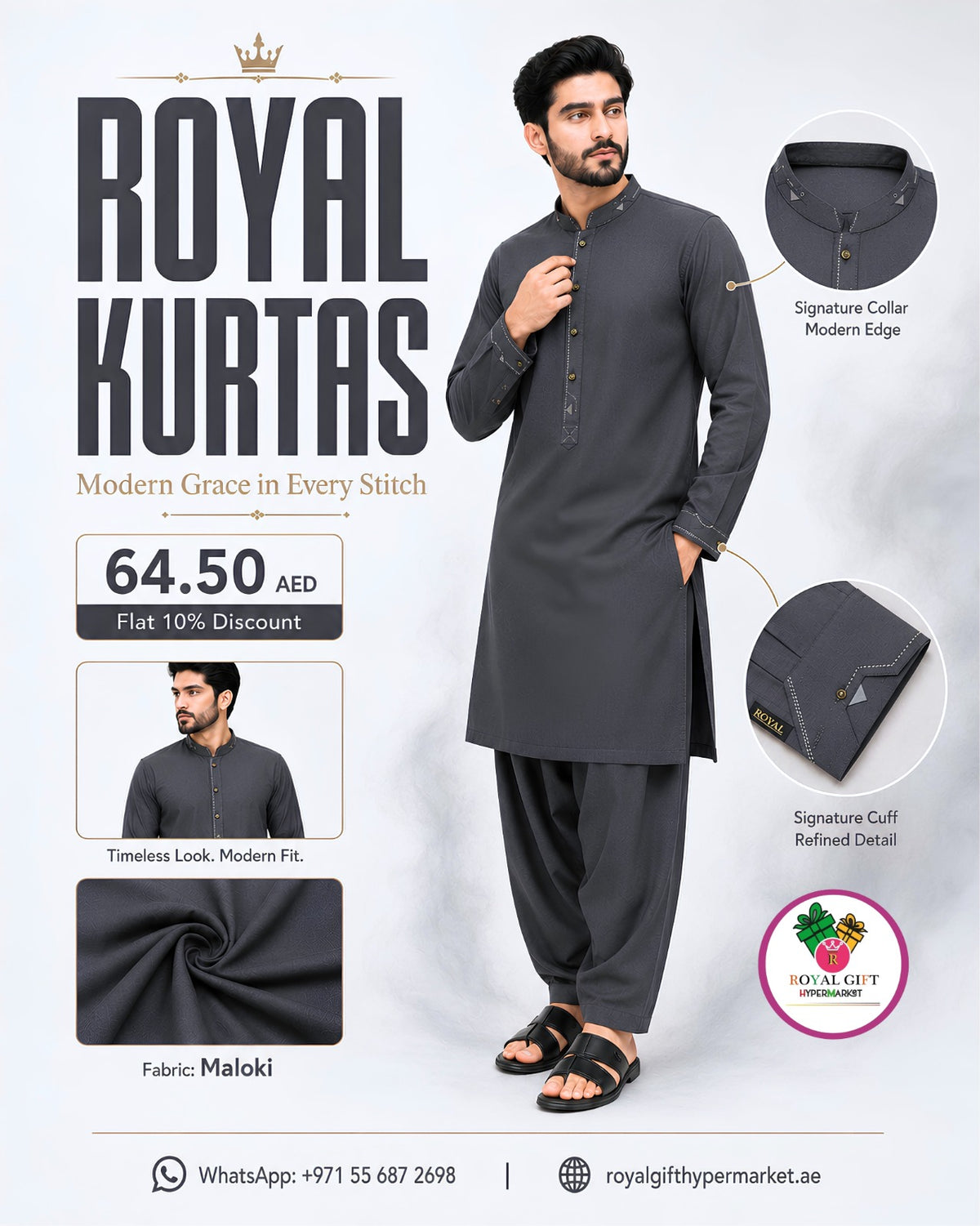 Royal Kurtas Men's Signature Maloki Stitch-Detail Shalwar Kameez Suit