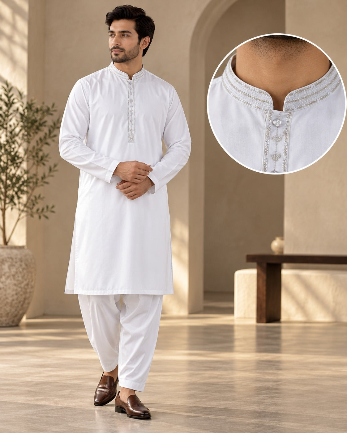 Royal Men's Off-White Febron Fabric Embroidered Kurta Shalwar Set