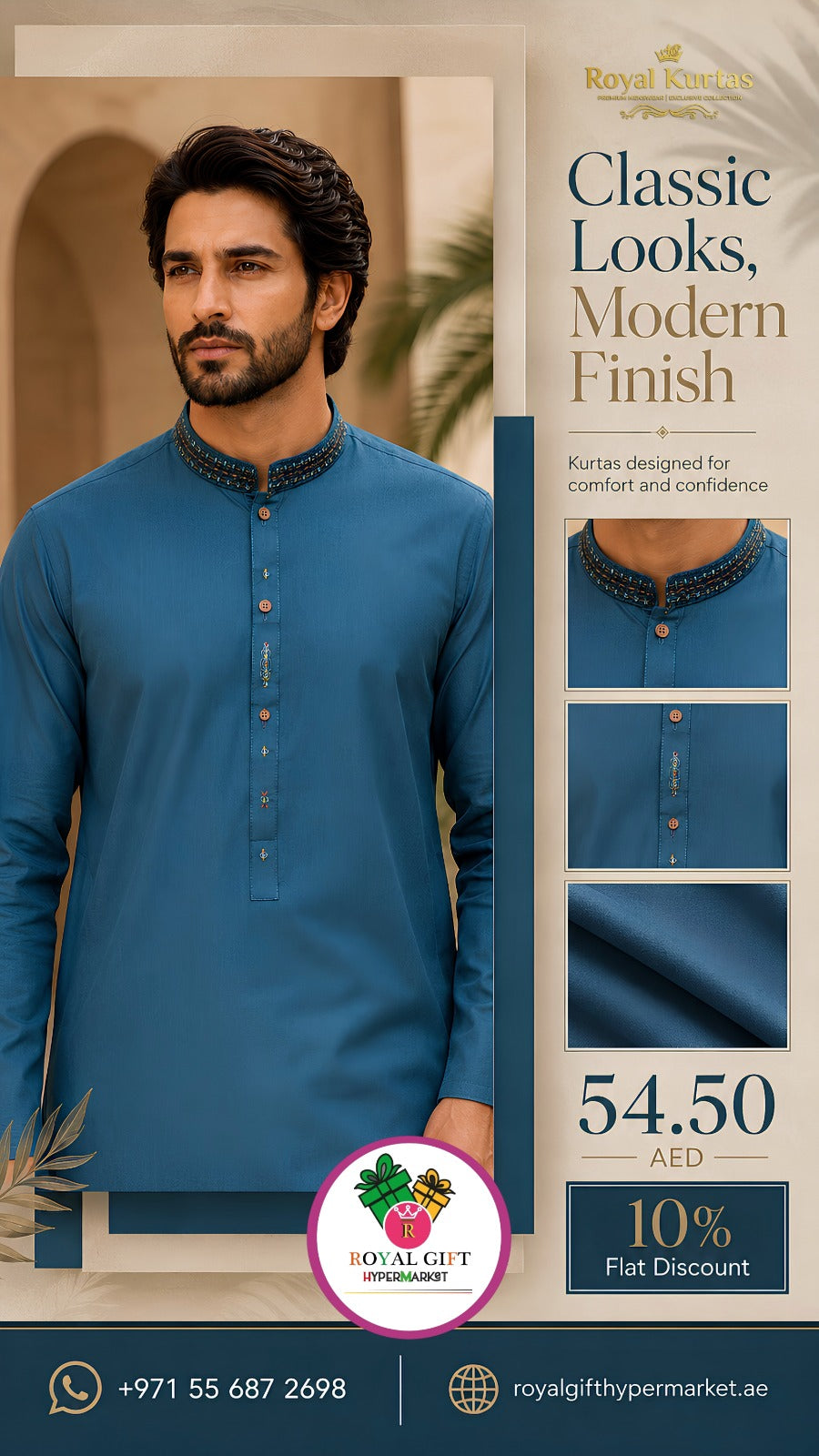 Royal Kurtas Men's Classic Embroidered Ban Collar Kurta Suit