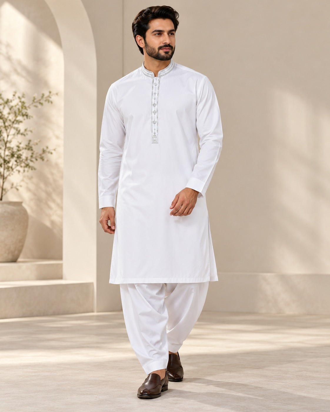 Royal Men's Off-White Febron Fabric Embroidered Kurta Shalwar Set